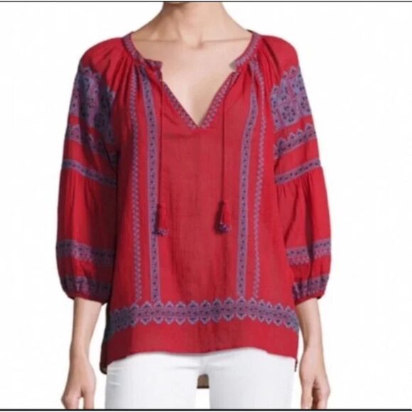 Joie Embroidered Long Sleeve Peasant Blouse with Beaded Tassels in Red, Size XS - Picture 1 of 11